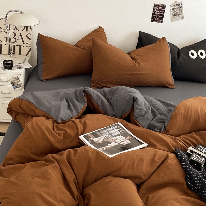 91家纺网 家纺一手货源 找家纺 优尚佳生活馆 2025新款ins风超柔褶皱亲肤磨毛水洗棉四件套双拼系列（风格一） 糖灰