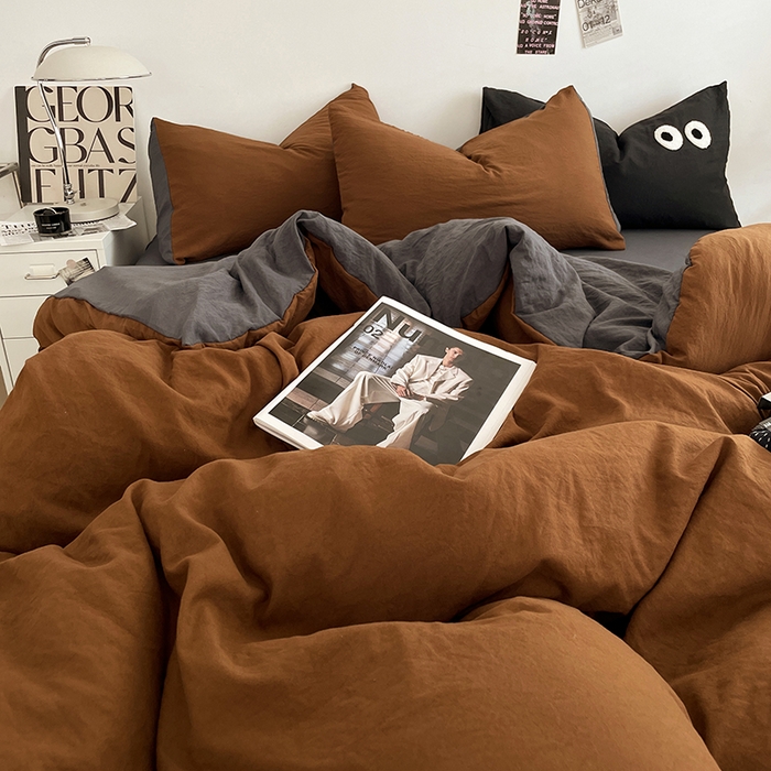 91家纺网 家纺一手货源 找家纺 优尚佳生活馆 2025新款ins风超柔褶皱亲肤磨毛水洗棉四件套双拼系列（风格一） 糖灰