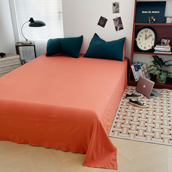 91家纺网 家纺一手货源 找家纺 优尚佳生活馆 2025新款ins风超柔褶皱亲肤磨毛水洗棉四件套双拼系列（风格二） 墨绿活力橙