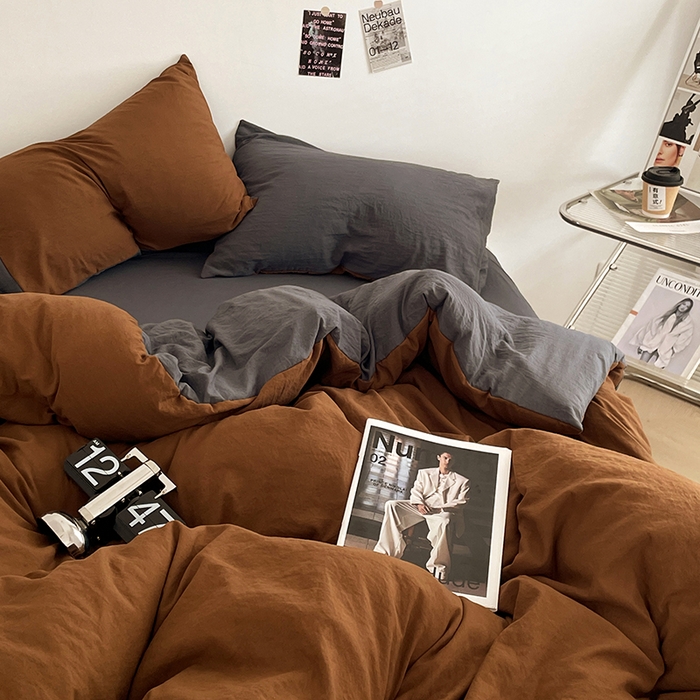 91家纺网 家纺一手货源 找家纺 优尚佳生活馆 2025新款ins风超柔褶皱亲肤磨毛水洗棉四件套双拼系列（风格一） 糖灰