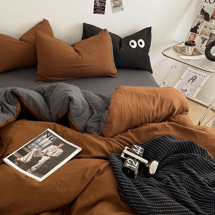 91家纺网 家纺一手货源 找家纺 优尚佳生活馆 2025新款ins风超柔褶皱亲肤磨毛水洗棉四件套双拼系列（风格一） 糖灰