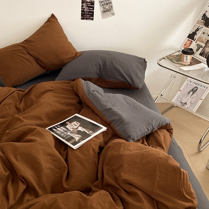 91家纺网 家纺一手货源 找家纺 优尚佳生活馆 2025新款ins风超柔褶皱亲肤磨毛水洗棉四件套双拼系列（风格一） 糖灰