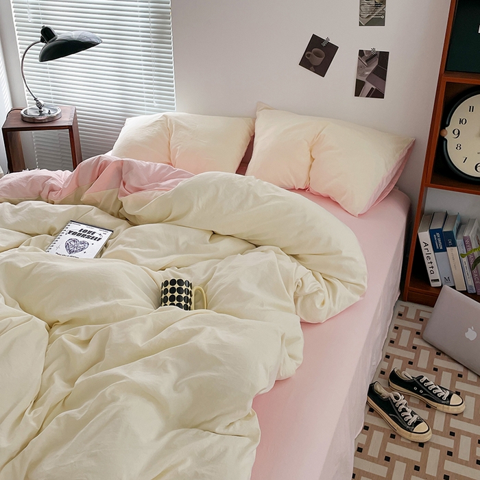 91家纺网 家纺一手货源 找家纺 优尚佳生活馆 2025新款ins风超柔褶皱亲肤磨毛水洗棉四件套双拼系列（风格二） 柠檬粉