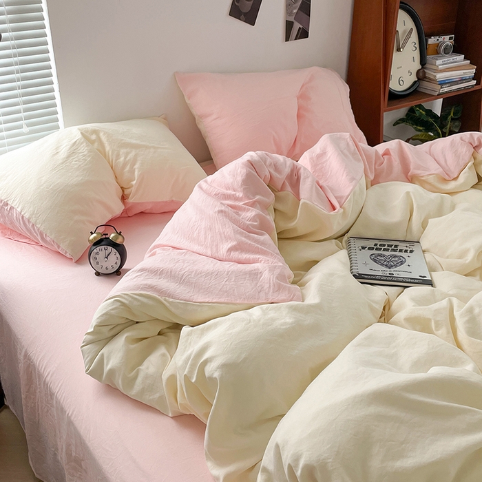 91家纺网 家纺一手货源 找家纺 优尚佳生活馆 2025新款ins风超柔褶皱亲肤磨毛水洗棉四件套双拼系列（风格二） 柠檬粉