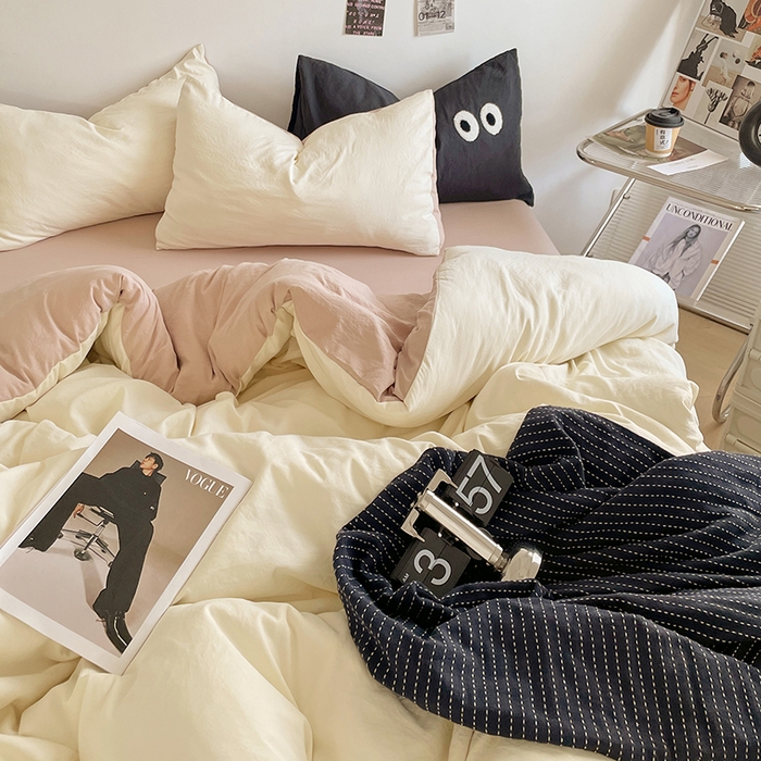 91家纺网 家纺一手货源 找家纺 优尚佳生活馆 2025新款ins风超柔褶皱亲肤磨毛水洗棉四件套双拼系列（风格一） 菊蕊奶黄