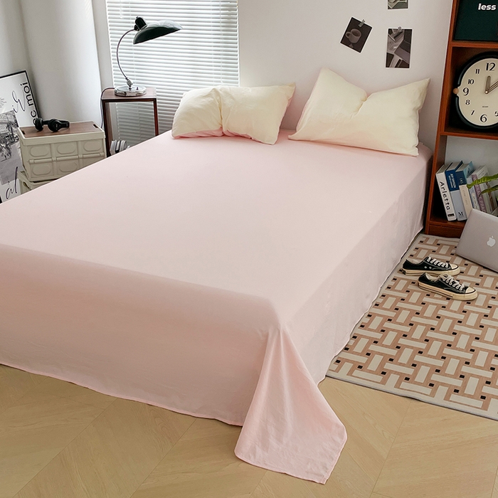 91家纺网 家纺一手货源 找家纺 优尚佳生活馆 2025新款ins风超柔褶皱亲肤磨毛水洗棉四件套双拼系列（风格二） 柠檬粉