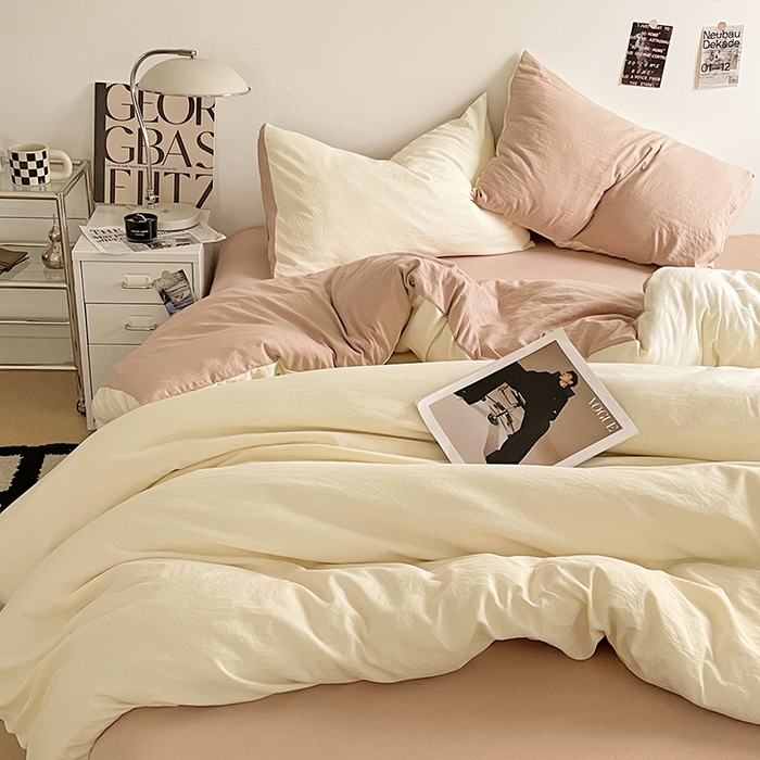 91家纺网 家纺一手货源 找家纺 优尚佳生活馆 2025新款ins风超柔褶皱亲肤磨毛水洗棉四件套双拼系列（风格一） 菊蕊奶黄