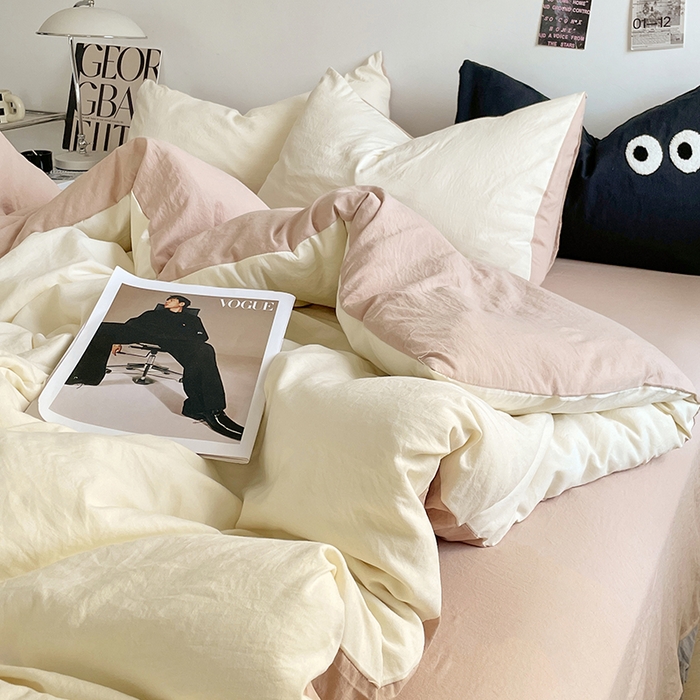 91家纺网 家纺一手货源 找家纺 优尚佳生活馆 2025新款ins风超柔褶皱亲肤磨毛水洗棉四件套双拼系列（风格一） 菊蕊奶黄