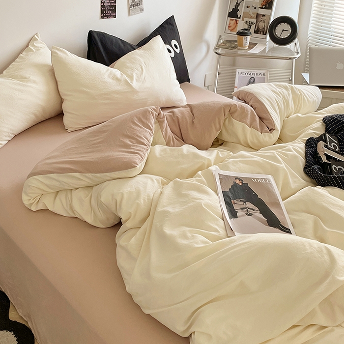 91家纺网 家纺一手货源 找家纺 优尚佳生活馆 2025新款ins风超柔褶皱亲肤磨毛水洗棉四件套双拼系列（风格一） 菊蕊奶黄