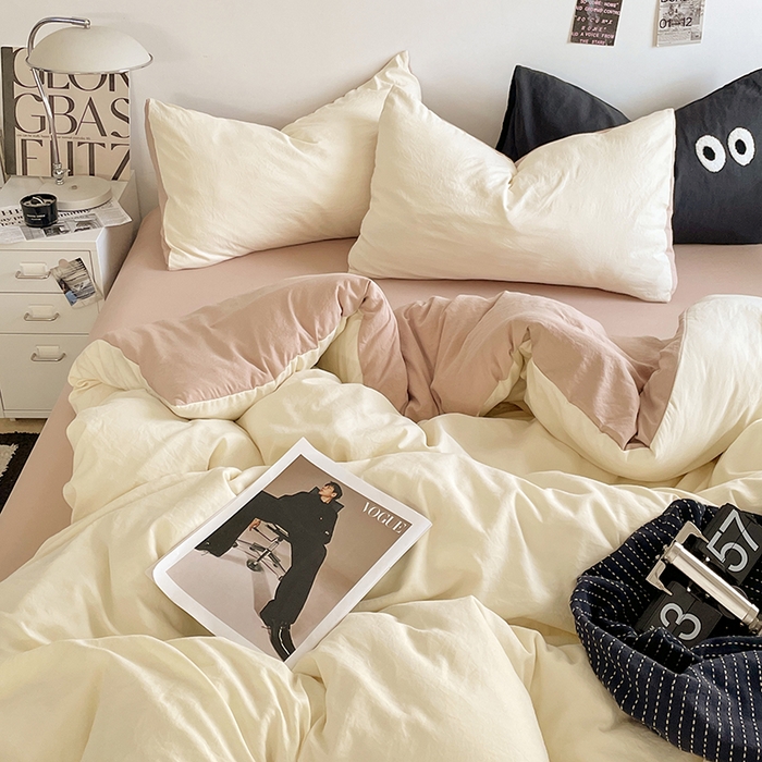 91家纺网 家纺一手货源 找家纺 优尚佳生活馆 2025新款ins风超柔褶皱亲肤磨毛水洗棉四件套双拼系列（风格一） 菊蕊奶黄