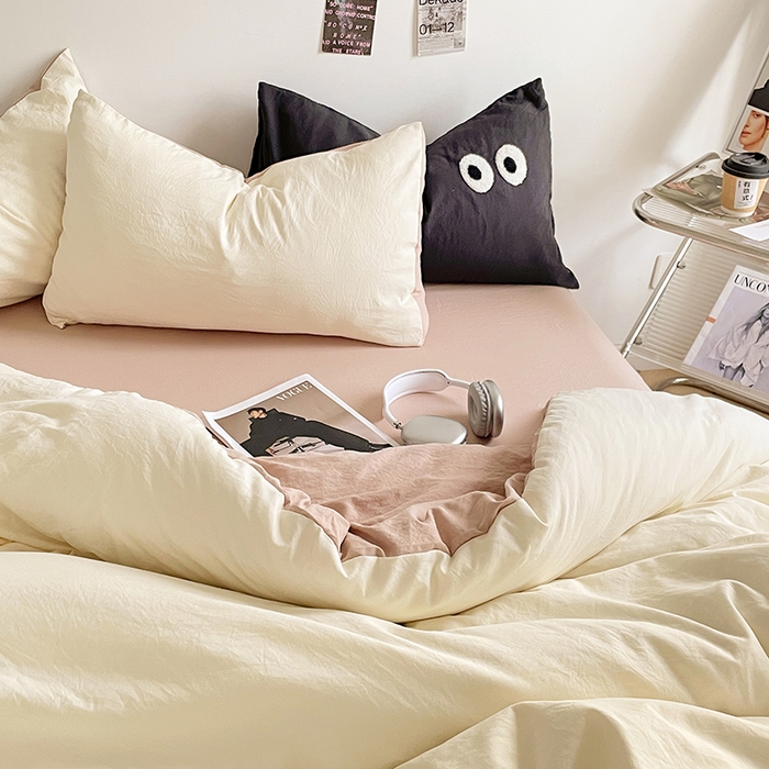 91家纺网 家纺一手货源 找家纺 优尚佳生活馆 2025新款ins风超柔褶皱亲肤磨毛水洗棉四件套双拼系列（风格一） 菊蕊奶黄