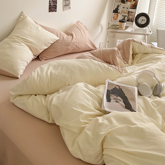 91家纺网 家纺一手货源 找家纺 优尚佳生活馆 2025新款ins风超柔褶皱亲肤磨毛水洗棉四件套双拼系列（风格一） 菊蕊奶黄