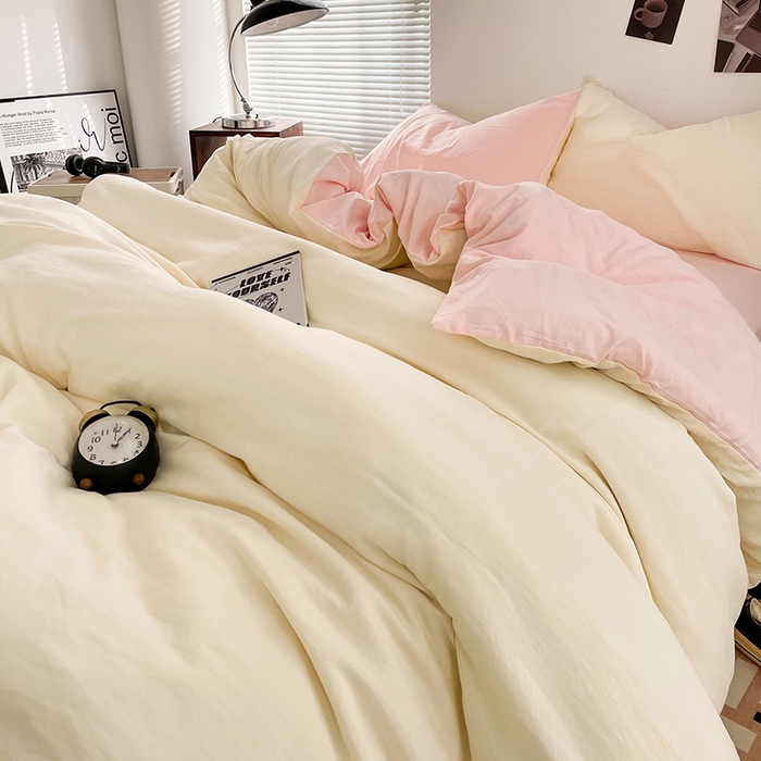 91家纺网 家纺一手货源 找家纺 优尚佳生活馆 2025新款ins风超柔褶皱亲肤磨毛水洗棉四件套双拼系列（风格二） 柠檬粉