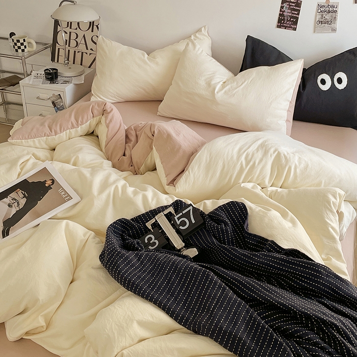 91家纺网 家纺一手货源 找家纺 优尚佳生活馆 2025新款ins风超柔褶皱亲肤磨毛水洗棉四件套双拼系列（风格一） 菊蕊奶黄