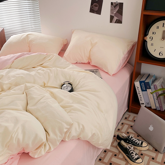 91家纺网 家纺一手货源 找家纺 优尚佳生活馆 2025新款ins风超柔褶皱亲肤磨毛水洗棉四件套双拼系列（风格二） 柠檬粉