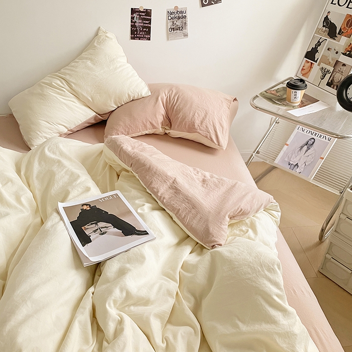 91家纺网 家纺一手货源 找家纺 优尚佳生活馆 2025新款ins风超柔褶皱亲肤磨毛水洗棉四件套双拼系列（风格一） 菊蕊奶黄