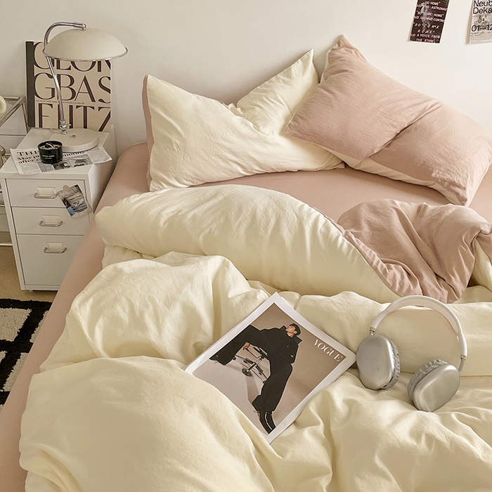 91家纺网 家纺一手货源 找家纺 优尚佳生活馆 2025新款ins风超柔褶皱亲肤磨毛水洗棉四件套双拼系列（风格一） 菊蕊奶黄