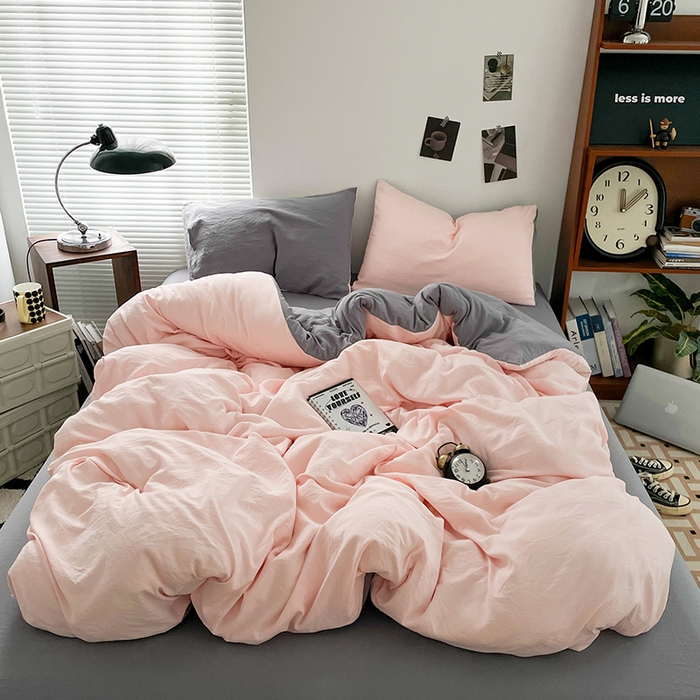 优尚佳生活馆 2025新款ins风超柔褶皱亲肤磨毛水洗棉四件套双拼系列（风格二） 浅粉灰