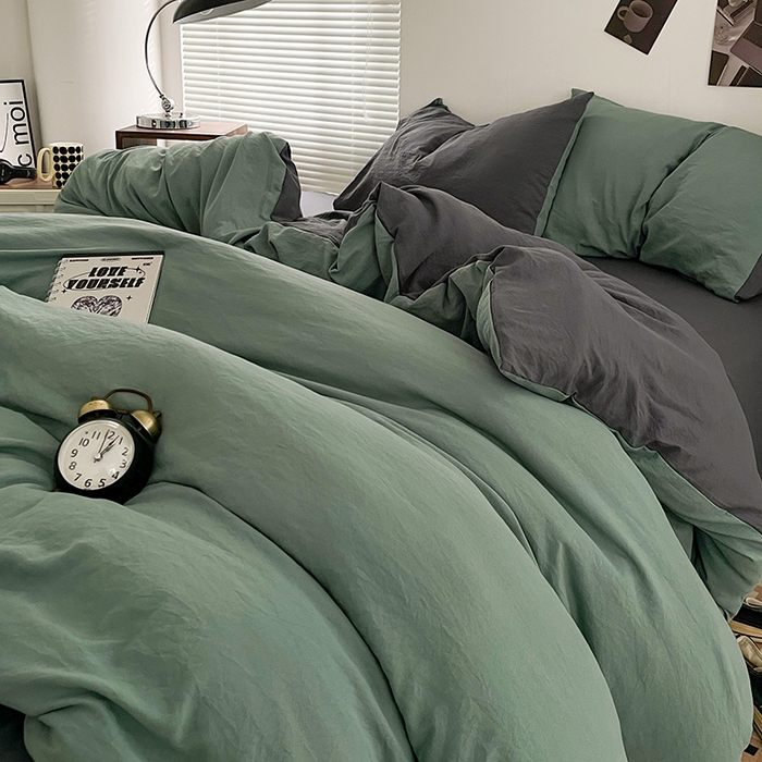 91家纺网 家纺一手货源 找家纺 优尚佳生活馆 2025新款ins风超柔褶皱亲肤磨毛水洗棉四件套双拼系列（风格二） 松绿深灰