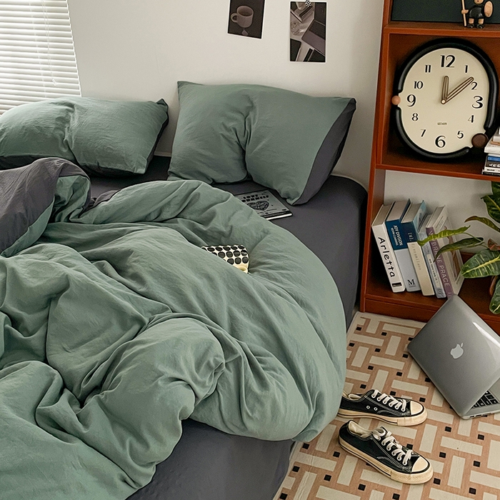 91家纺网 家纺一手货源 找家纺 优尚佳生活馆 2025新款ins风超柔褶皱亲肤磨毛水洗棉四件套双拼系列（风格二） 松绿深灰