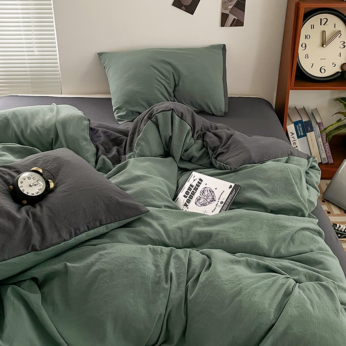 91家纺网 家纺一手货源 找家纺 优尚佳生活馆 2025新款ins风超柔褶皱亲肤磨毛水洗棉四件套双拼系列（风格二） 松绿深灰