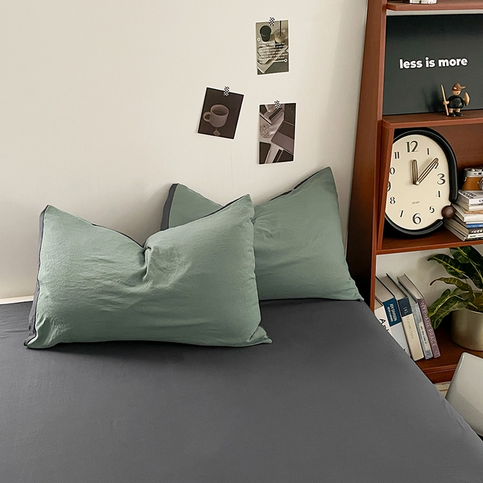 91家纺网 家纺一手货源 找家纺 优尚佳生活馆 2025新款ins风超柔褶皱亲肤磨毛水洗棉四件套双拼系列（风格二） 松绿深灰