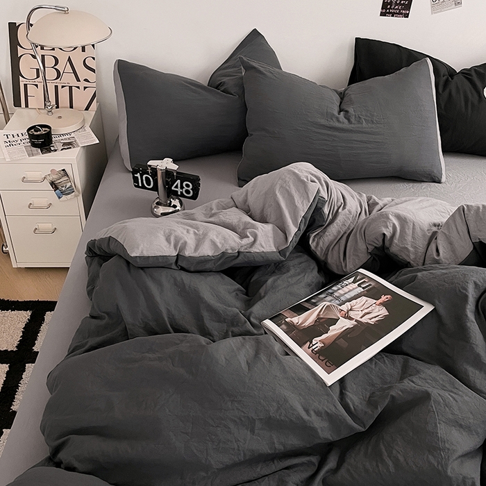91家纺网 家纺一手货源 找家纺 优尚佳生活馆 2025新款ins风超柔褶皱亲肤磨毛水洗棉四件套双拼系列（风格一） 深浅灰