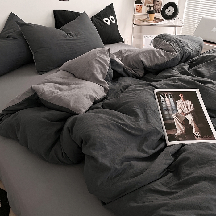91家纺网 家纺一手货源 找家纺 优尚佳生活馆 2025新款ins风超柔褶皱亲肤磨毛水洗棉四件套双拼系列（风格一） 深浅灰