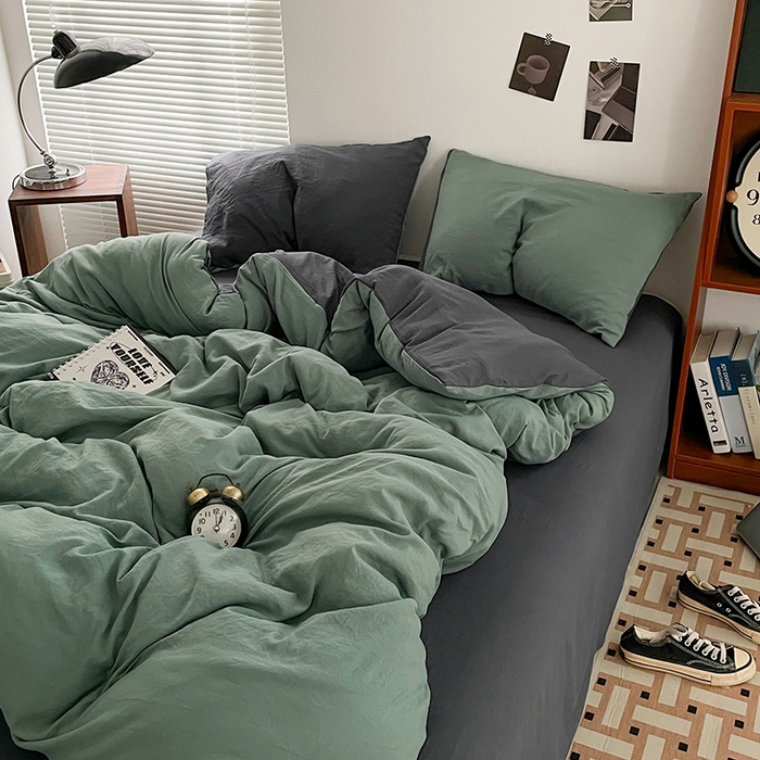 91家纺网 家纺一手货源 找家纺 优尚佳生活馆 2025新款ins风超柔褶皱亲肤磨毛水洗棉四件套双拼系列（风格二） 松绿深灰