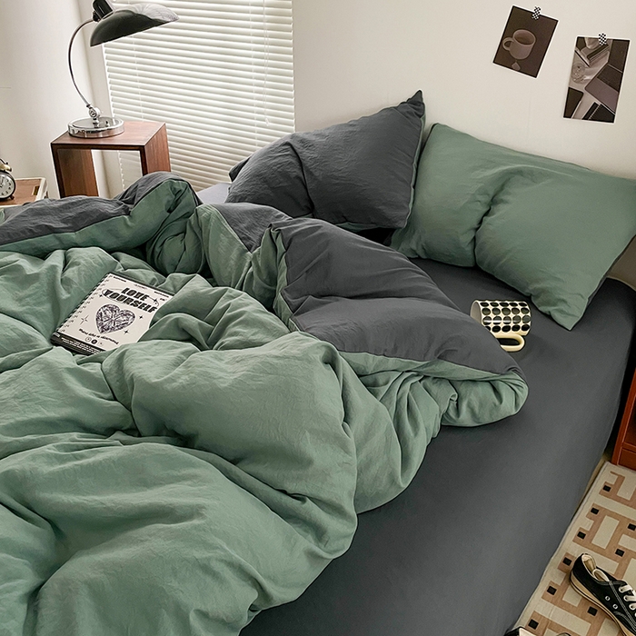 91家纺网 家纺一手货源 找家纺 优尚佳生活馆 2025新款ins风超柔褶皱亲肤磨毛水洗棉四件套双拼系列（风格二） 松绿深灰