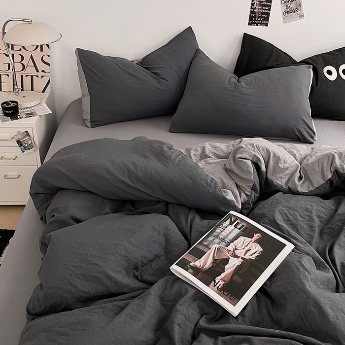 91家纺网 家纺一手货源 找家纺 优尚佳生活馆 2025新款ins风超柔褶皱亲肤磨毛水洗棉四件套双拼系列（风格一） 深浅灰