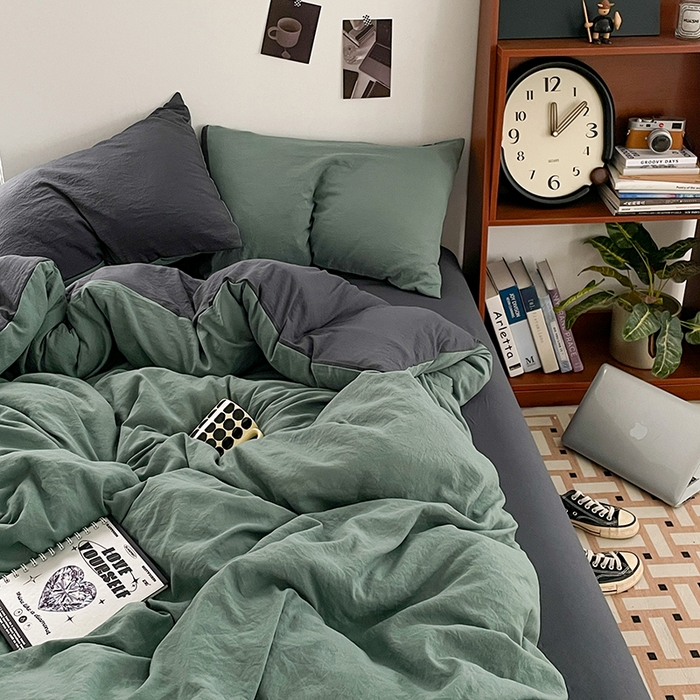91家纺网 家纺一手货源 找家纺 优尚佳生活馆 2025新款ins风超柔褶皱亲肤磨毛水洗棉四件套双拼系列（风格二） 松绿深灰