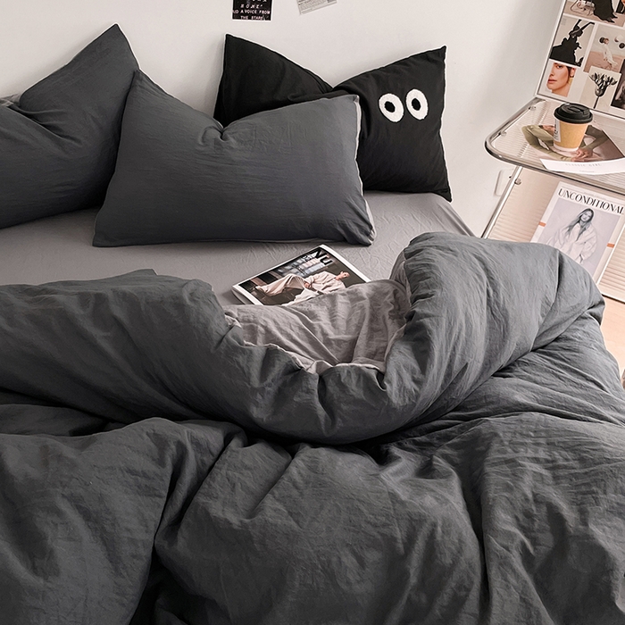 91家纺网 家纺一手货源 找家纺 优尚佳生活馆 2025新款ins风超柔褶皱亲肤磨毛水洗棉四件套双拼系列（风格一） 深浅灰