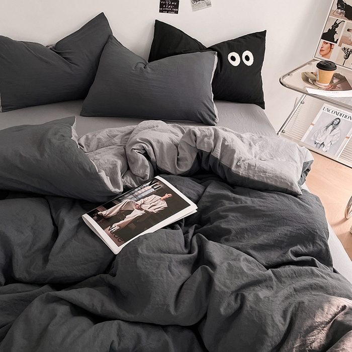 91家纺网 家纺一手货源 找家纺 优尚佳生活馆 2025新款ins风超柔褶皱亲肤磨毛水洗棉四件套双拼系列（风格一） 深浅灰