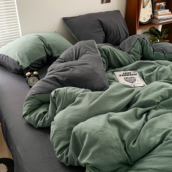 91家纺网 家纺一手货源 找家纺 优尚佳生活馆 2025新款ins风超柔褶皱亲肤磨毛水洗棉四件套双拼系列（风格二） 松绿深灰