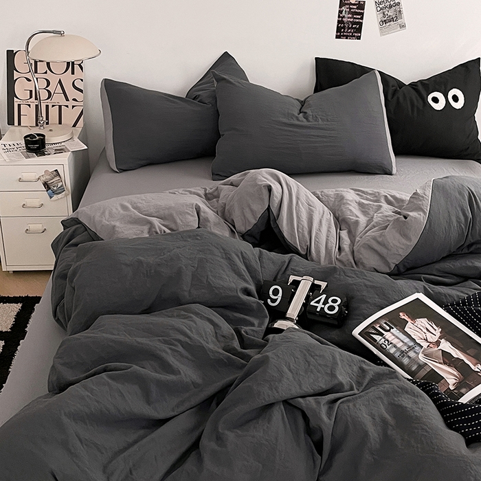 91家纺网 家纺一手货源 找家纺 优尚佳生活馆 2025新款ins风超柔褶皱亲肤磨毛水洗棉四件套双拼系列（风格一） 深浅灰