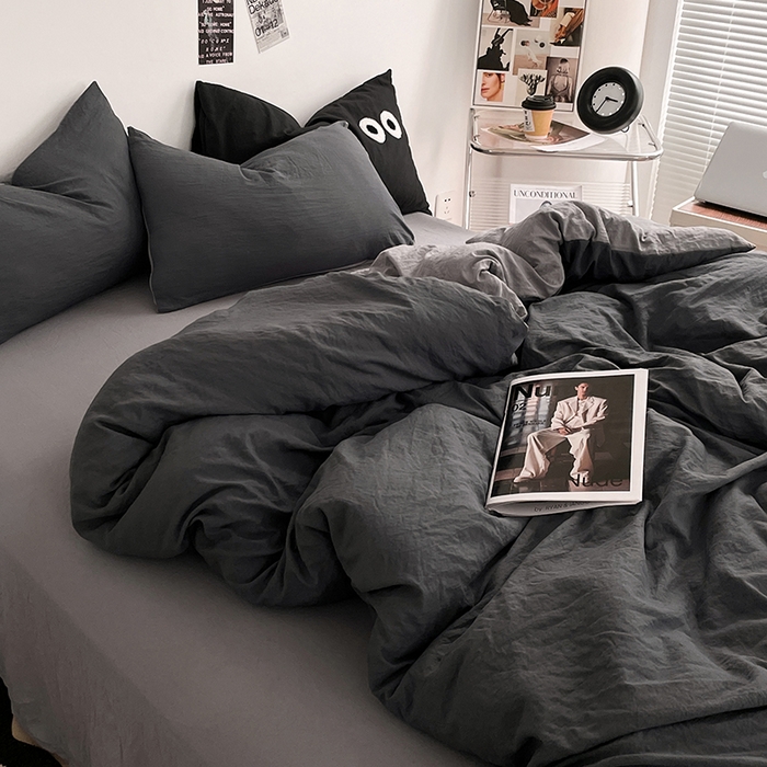 91家纺网 家纺一手货源 找家纺 优尚佳生活馆 2025新款ins风超柔褶皱亲肤磨毛水洗棉四件套双拼系列（风格一） 深浅灰