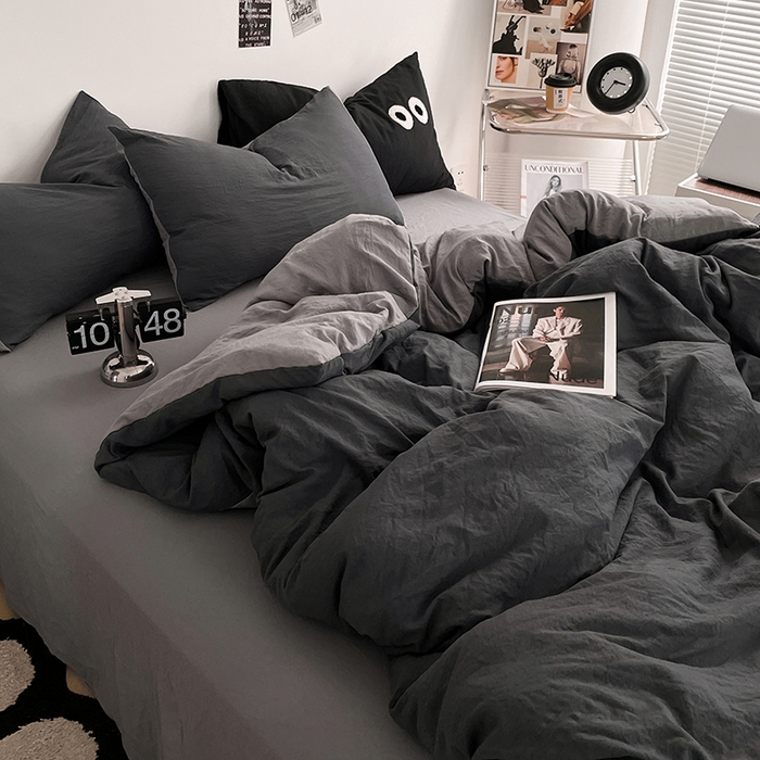 91家纺网 家纺一手货源 找家纺 优尚佳生活馆 2025新款ins风超柔褶皱亲肤磨毛水洗棉四件套双拼系列（风格一） 深浅灰