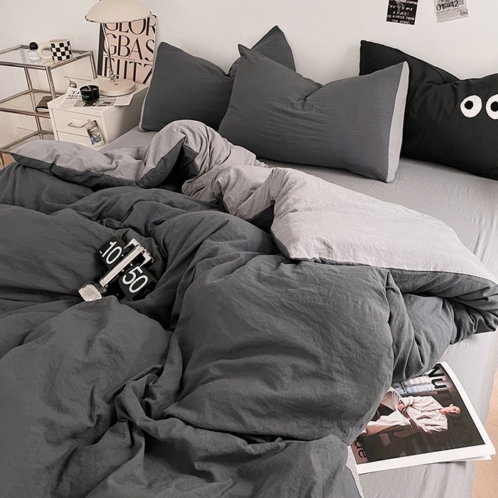 91家纺网 家纺一手货源 找家纺 优尚佳生活馆 2025新款ins风超柔褶皱亲肤磨毛水洗棉四件套双拼系列（风格一） 深浅灰