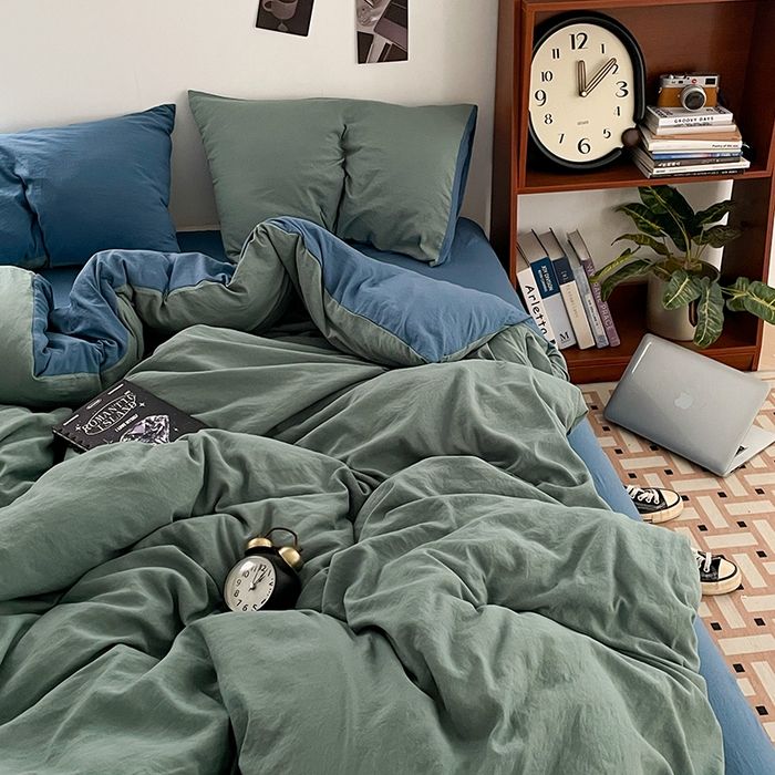 91家纺网 家纺一手货源 找家纺 优尚佳生活馆 2025新款ins风超柔褶皱亲肤磨毛水洗棉四件套双拼系列（风格二） 清新牛仔