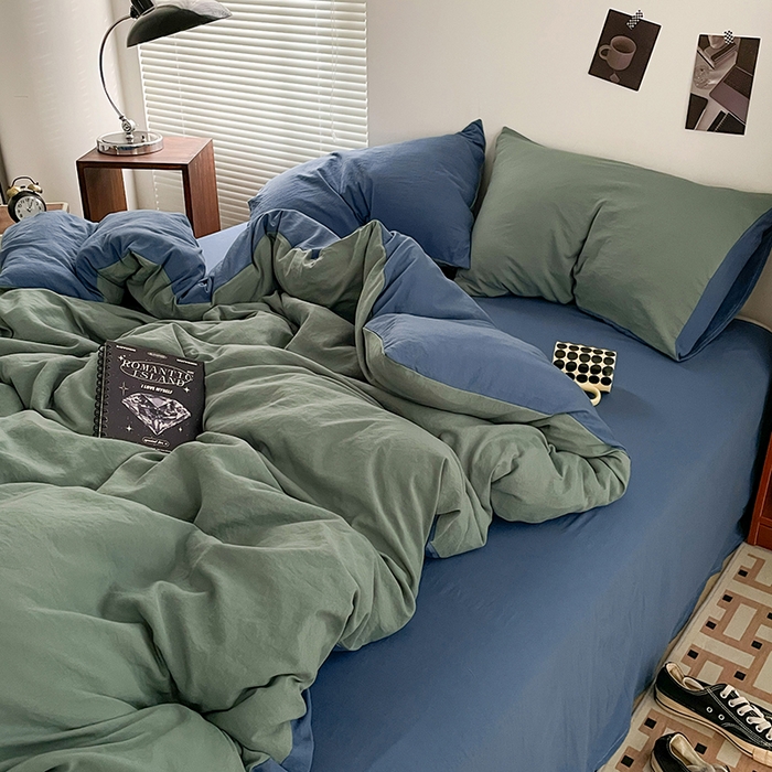 91家纺网 家纺一手货源 找家纺 优尚佳生活馆 2025新款ins风超柔褶皱亲肤磨毛水洗棉四件套双拼系列（风格二） 清新牛仔