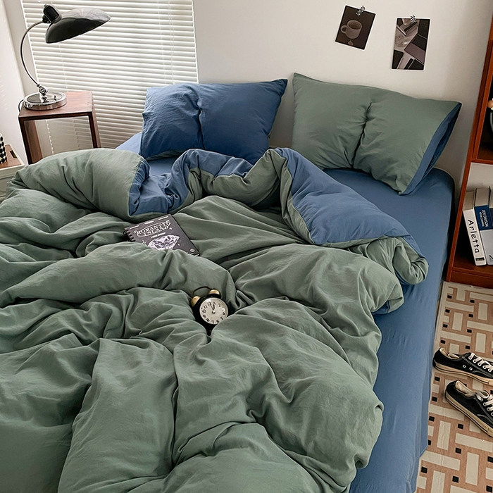 91家纺网 家纺一手货源 找家纺 优尚佳生活馆 2025新款ins风超柔褶皱亲肤磨毛水洗棉四件套双拼系列（风格二） 清新牛仔