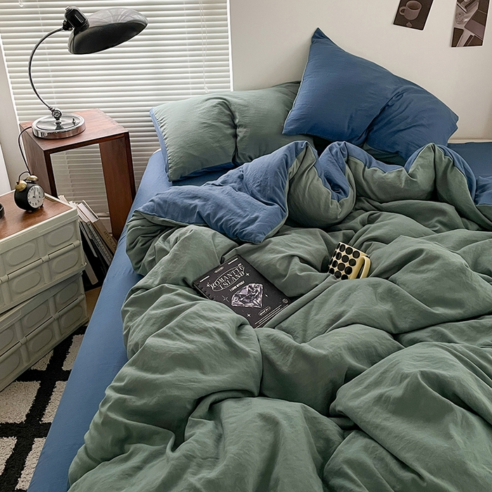 91家纺网 家纺一手货源 找家纺 优尚佳生活馆 2025新款ins风超柔褶皱亲肤磨毛水洗棉四件套双拼系列（风格二） 清新牛仔