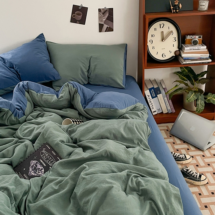 91家纺网 家纺一手货源 找家纺 优尚佳生活馆 2025新款ins风超柔褶皱亲肤磨毛水洗棉四件套双拼系列（风格二） 清新牛仔