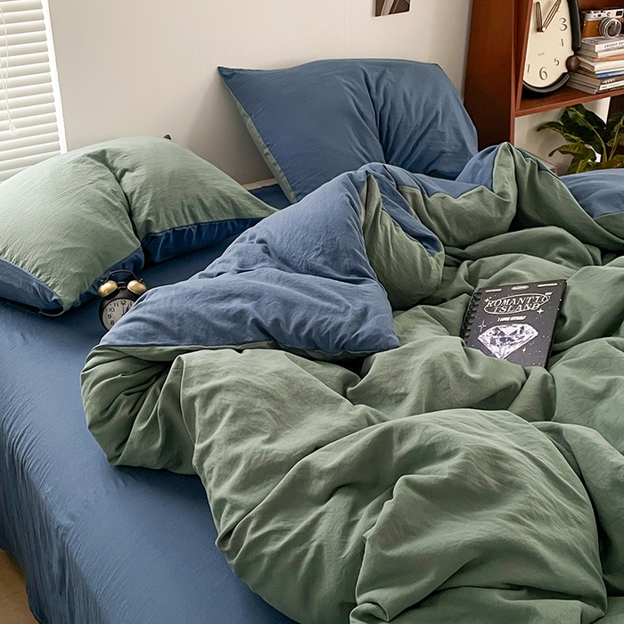 91家纺网 家纺一手货源 找家纺 优尚佳生活馆 2025新款ins风超柔褶皱亲肤磨毛水洗棉四件套双拼系列（风格二） 清新牛仔