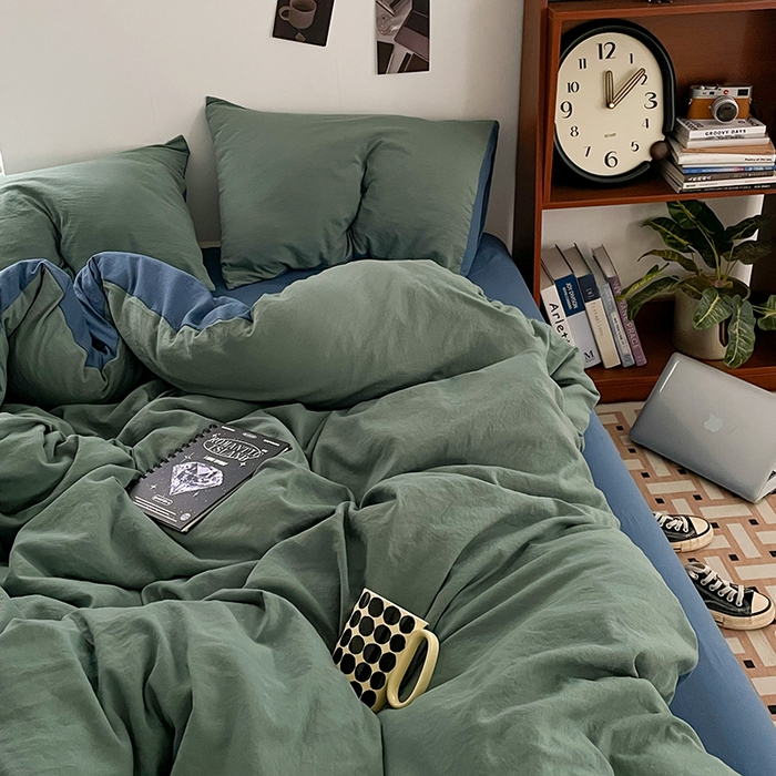 91家纺网 家纺一手货源 找家纺 优尚佳生活馆 2025新款ins风超柔褶皱亲肤磨毛水洗棉四件套双拼系列（风格二） 清新牛仔