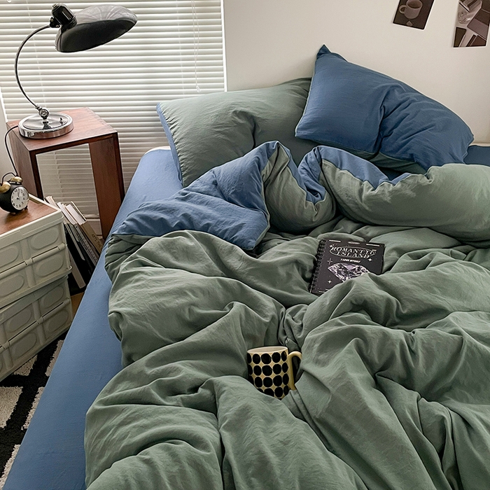 91家纺网 家纺一手货源 找家纺 优尚佳生活馆 2025新款ins风超柔褶皱亲肤磨毛水洗棉四件套双拼系列（风格二） 清新牛仔