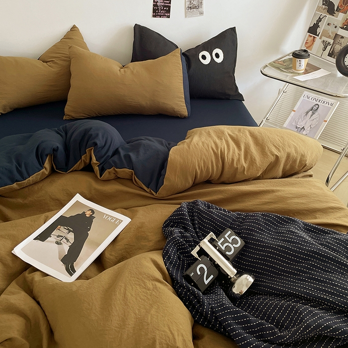 91家纺网 家纺一手货源 找家纺 优尚佳生活馆 2025新款ins风超柔褶皱亲肤磨毛水洗棉四件套双拼系列（风格一） 玛瑙洛克