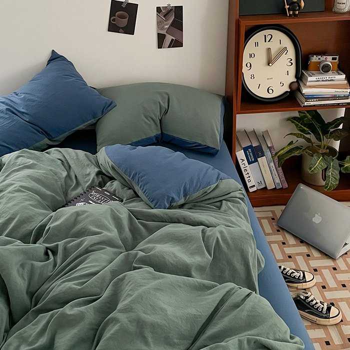 91家纺网 家纺一手货源 找家纺 优尚佳生活馆 2025新款ins风超柔褶皱亲肤磨毛水洗棉四件套双拼系列（风格二） 清新牛仔