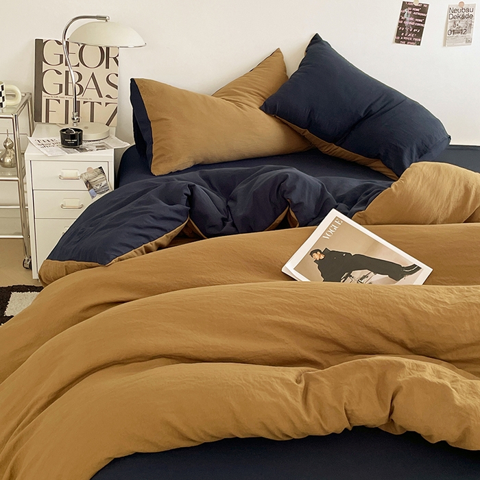 91家纺网 家纺一手货源 找家纺 优尚佳生活馆 2025新款ins风超柔褶皱亲肤磨毛水洗棉四件套双拼系列（风格一） 玛瑙洛克